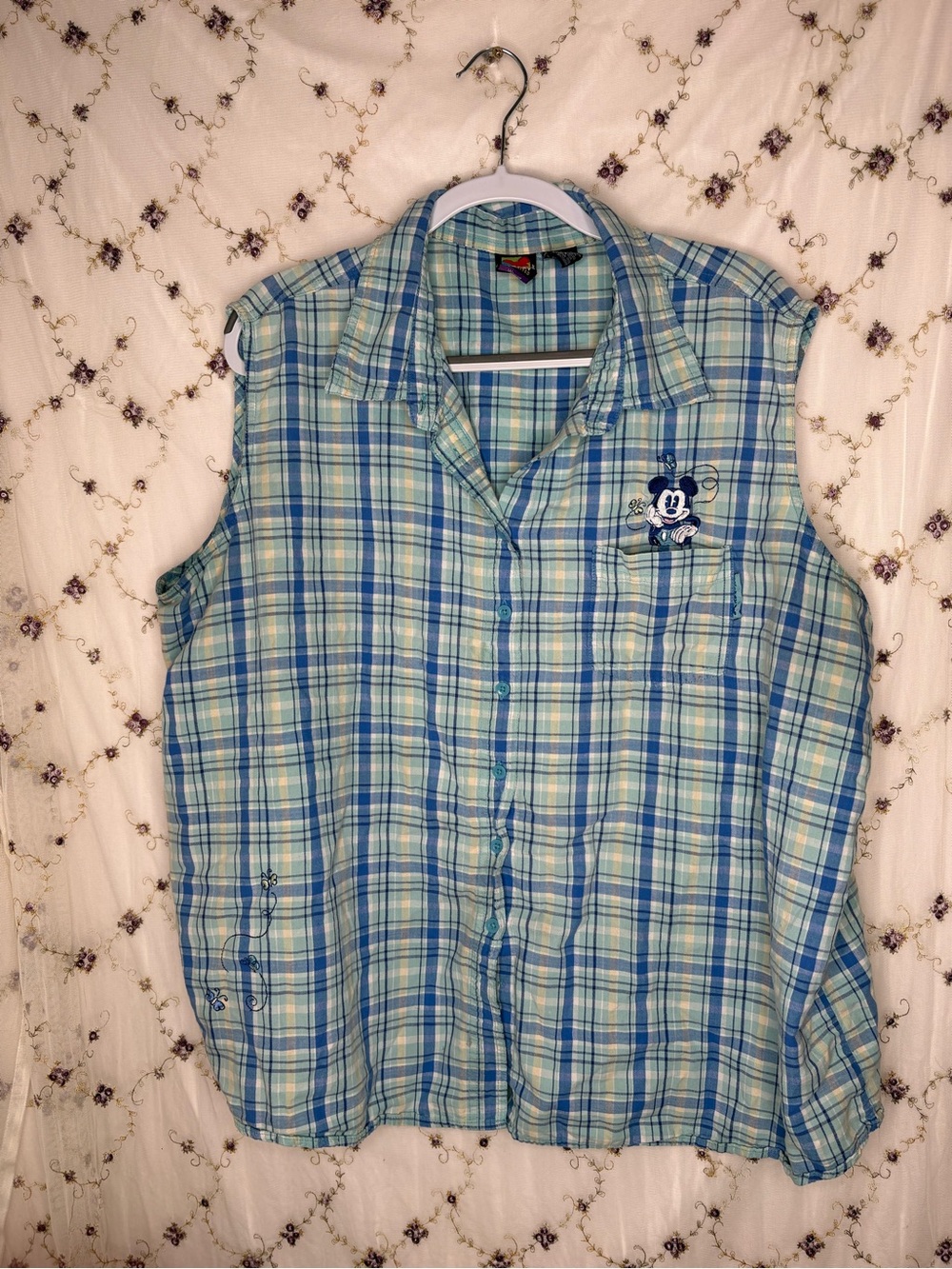 Disney Blue Plaid Sleeveless Button-Front Top with Mickey Patch